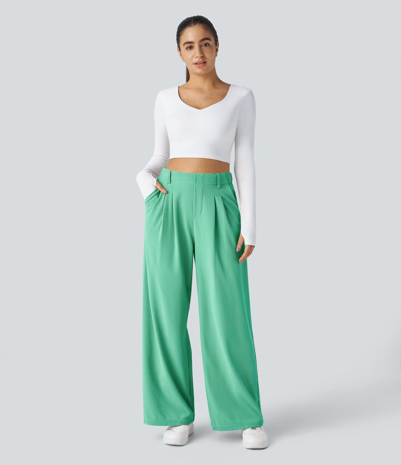 Pantalon Tailleur Large Fluide Halara Flex™ Gaufré Taille Haute Poches Latérales