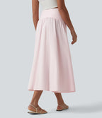 Jupe fluide midi casual taille haute à rayures en coton froissé, avec poches