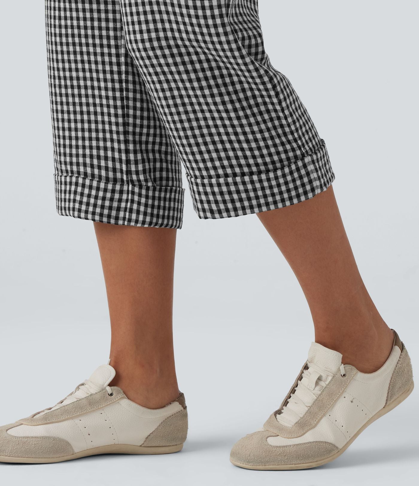 Pantalon 7/8 décontracté aspect lin à carreaux taille haute avec poches