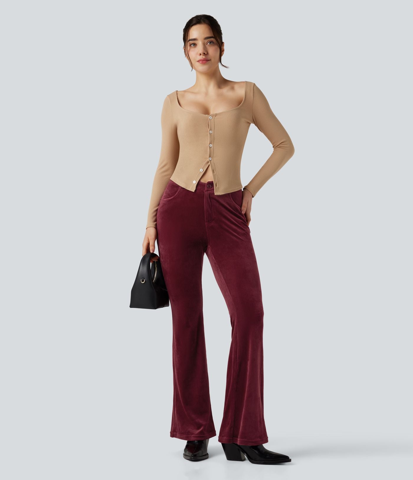 Pantalon évasé velours côtelé ceinture en V taille haute avec poches