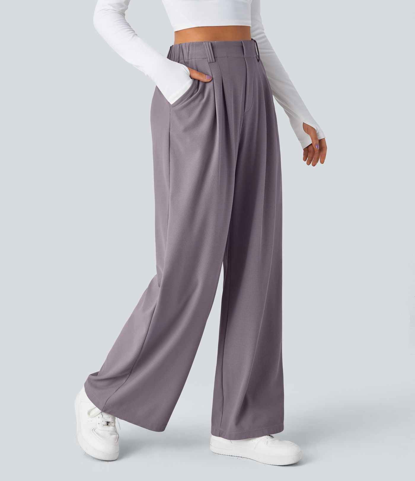 Halara Flex™ Pantalon Tailleur Large Fluide Gaufré Taille Haute Poches Latérales