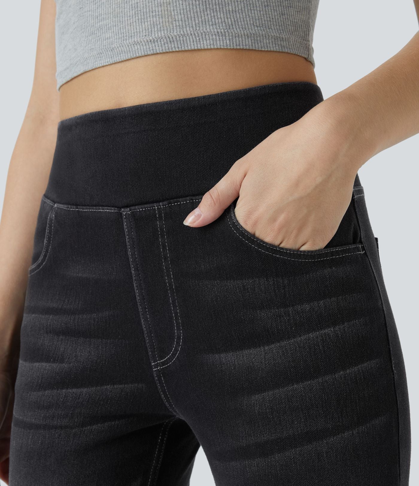 Halara Flex™ Jean bootcut décontracté extensible délavé taille haute à poches multiples