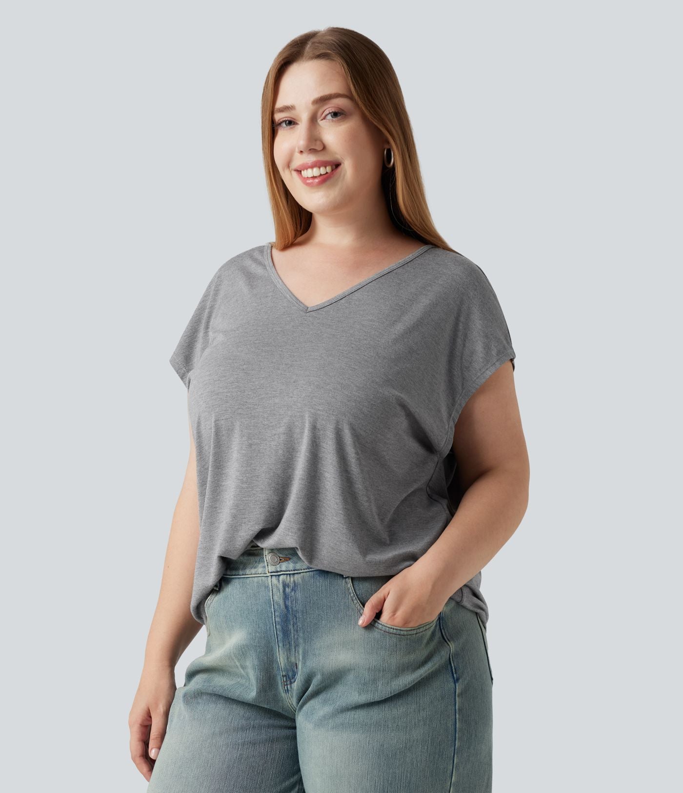 T-shirt décontracté grande taille col V manches courtes