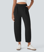 Pantalon décontracté taille haute coupe tonneau avec poches