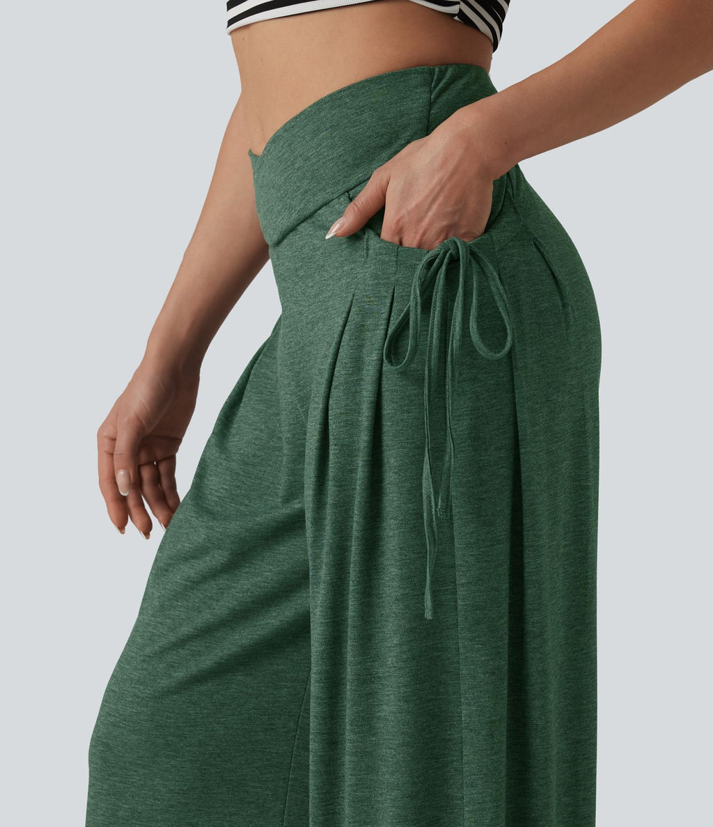 Pantalon casual large ample chiné taille haute croisé à lacets avec poches