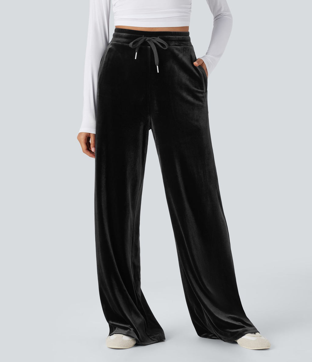 Pantalon décontracté large en velours, taille haute, avec cordon et poches