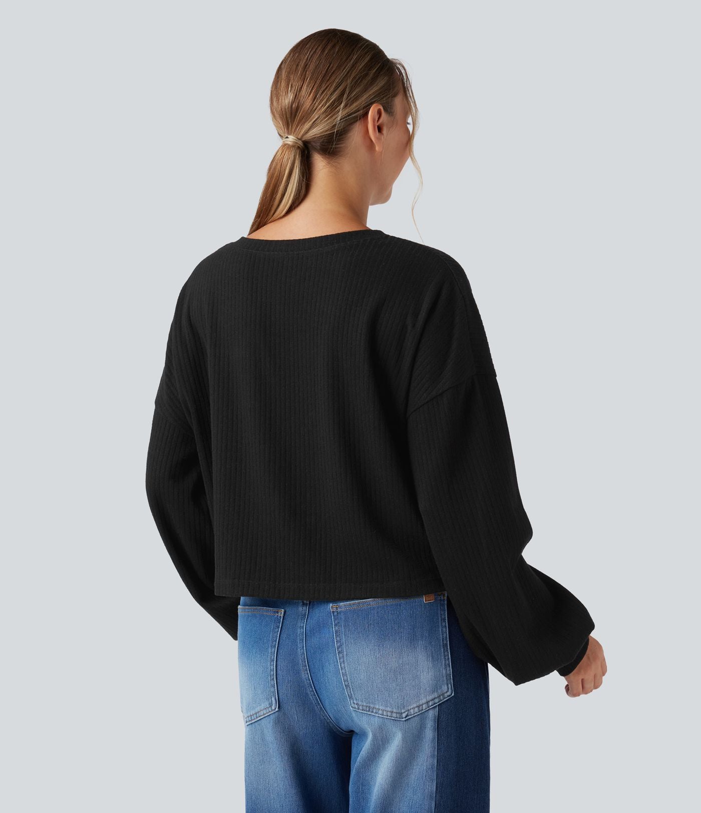 Sweatshirt casual côtelé maille col rond manches longues avec ourlet torsadé