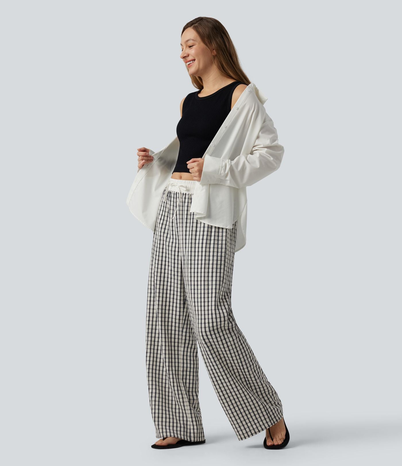 Pantalon large décontracté à carreaux taille mi-haute avec cordon de serrage et poches