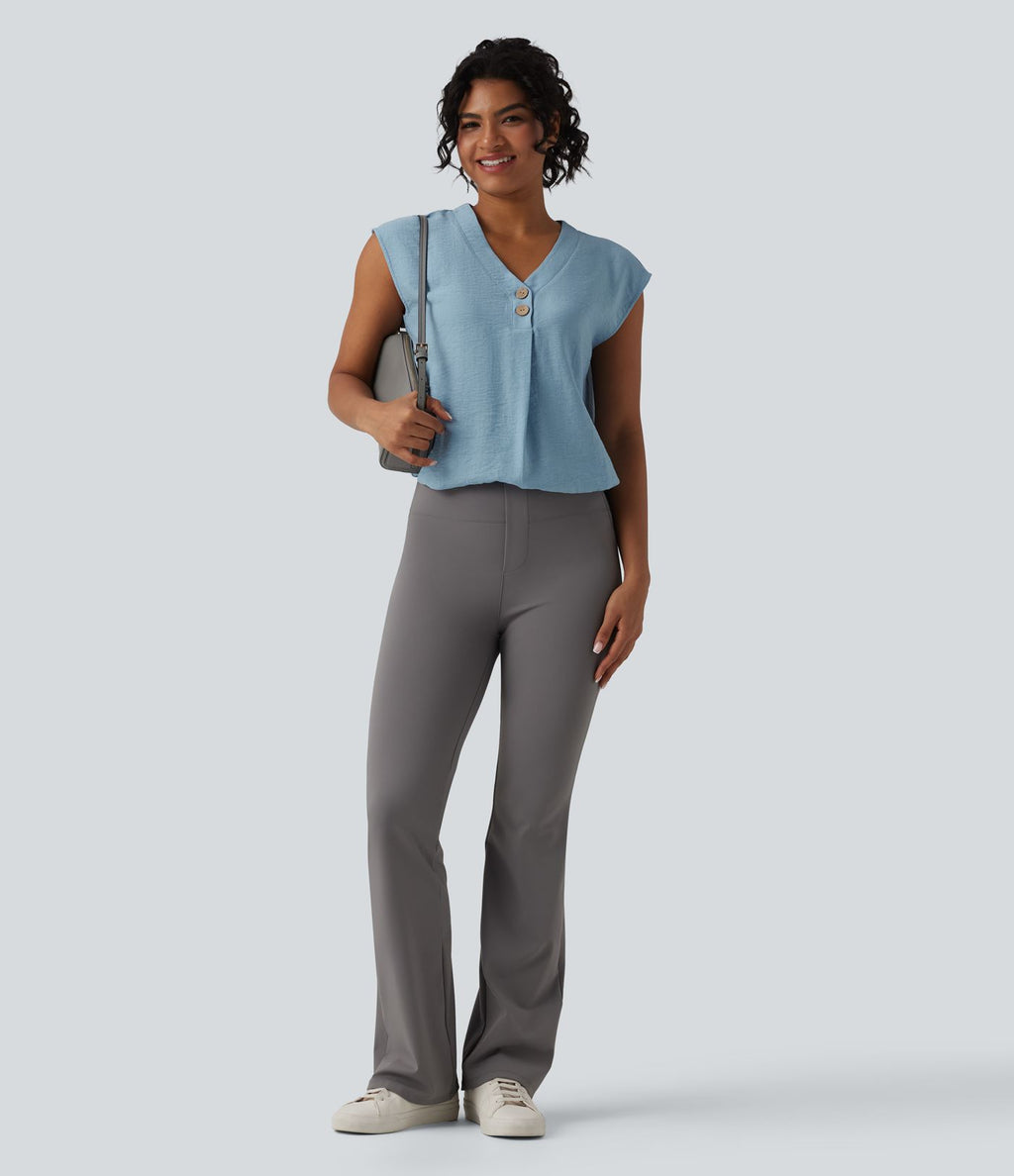 Blouse de Travail Col V Manches Courtes avec Boutons Décoratifs