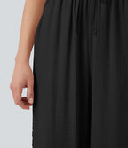 Pantalon décontracté taille haute à cordon de serrage, effet lin, avec poches