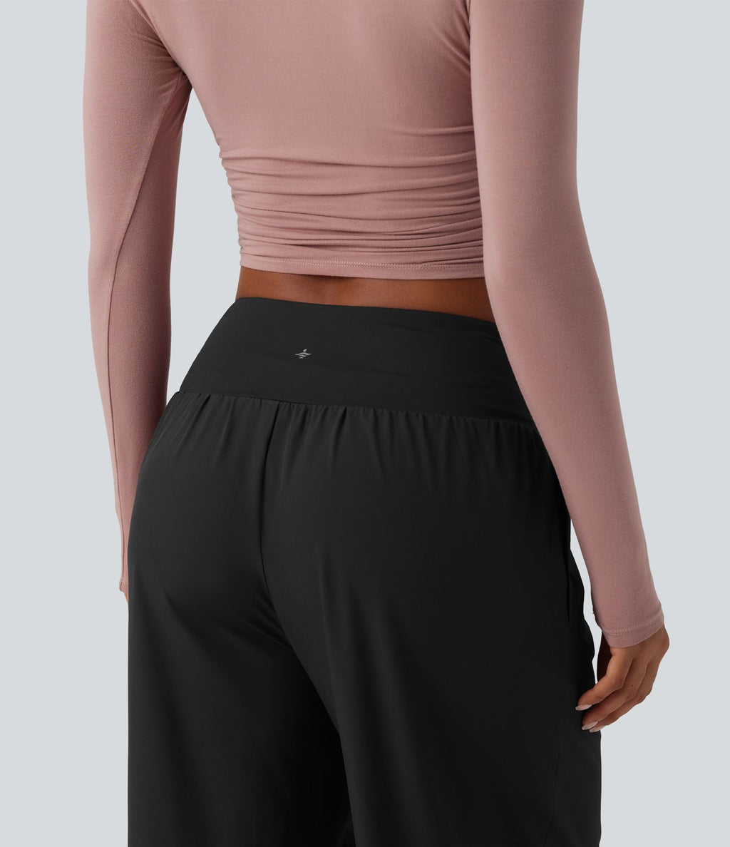 Pantalon ample décontracté taille basse croisée avec poches