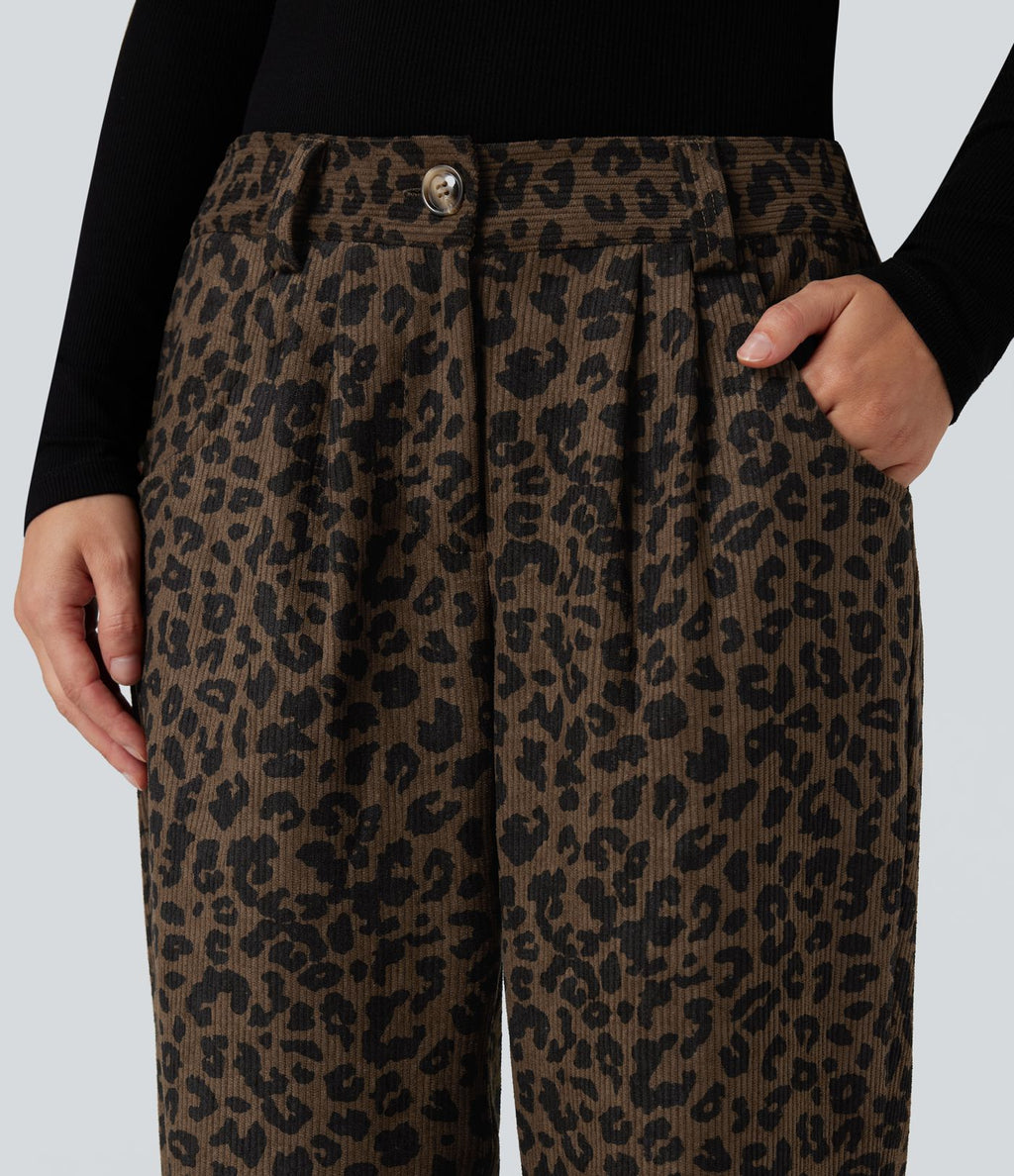 Pantalon velours côtelé imprimé léopard coupe droite taille mi-haute avec poches