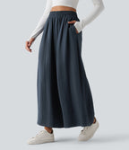 Pantalon large fluide décontracté taille haute avec cordon de serrage intérieur avec poches