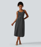 Robe midi casual fluide à pois sans manches dos nu avec brassière intégrée croisée et poches - Bonnets DD-F