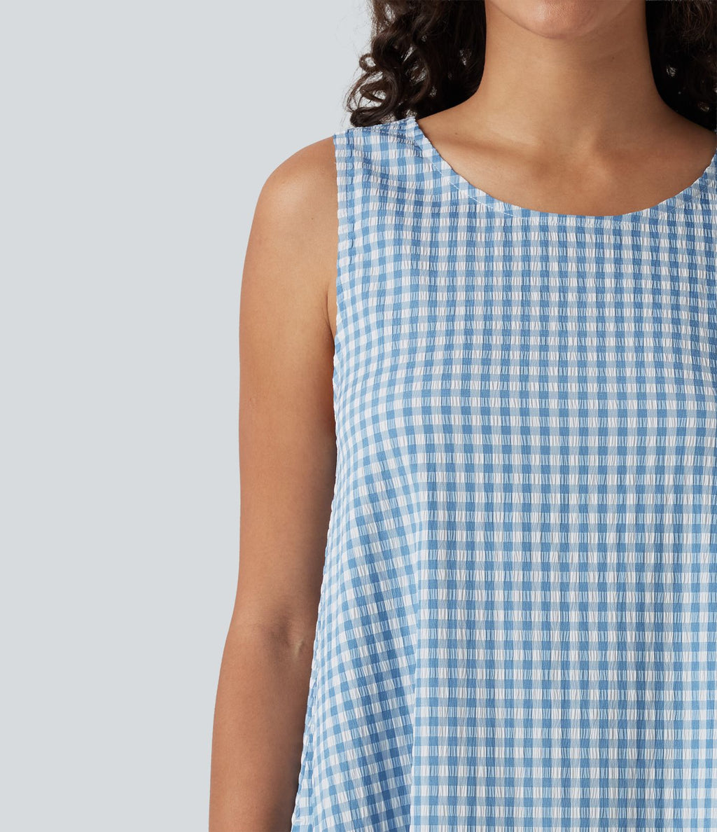 Robe débardeur midi décontractée en vichy froissé, col rond, sans manches, à poches