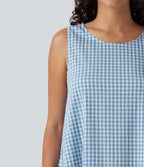 Robe débardeur midi décontractée en vichy froissé, col rond, sans manches, à poches