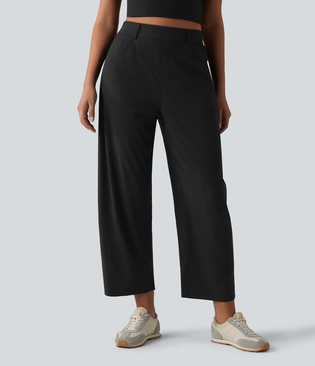Pantalon casual taille haute en lin stretch coupe barrel avec poches