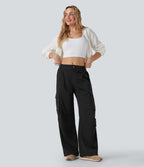 Pantalon cargo décontracté à taille moyenne, jambes larges, boutons, fermeture éclair et poches latérales