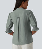Blouse décontractée à col en V et manches courtes bouffantes