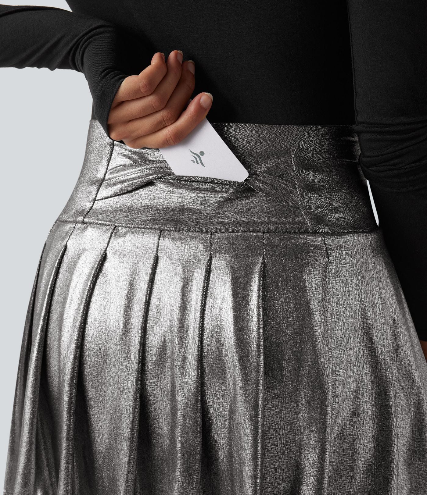 Mini-jupe 2-en-1 taille haute SoftlyZero™ en simili, plissée, effet sparkle métallisé, extensible, avec poches