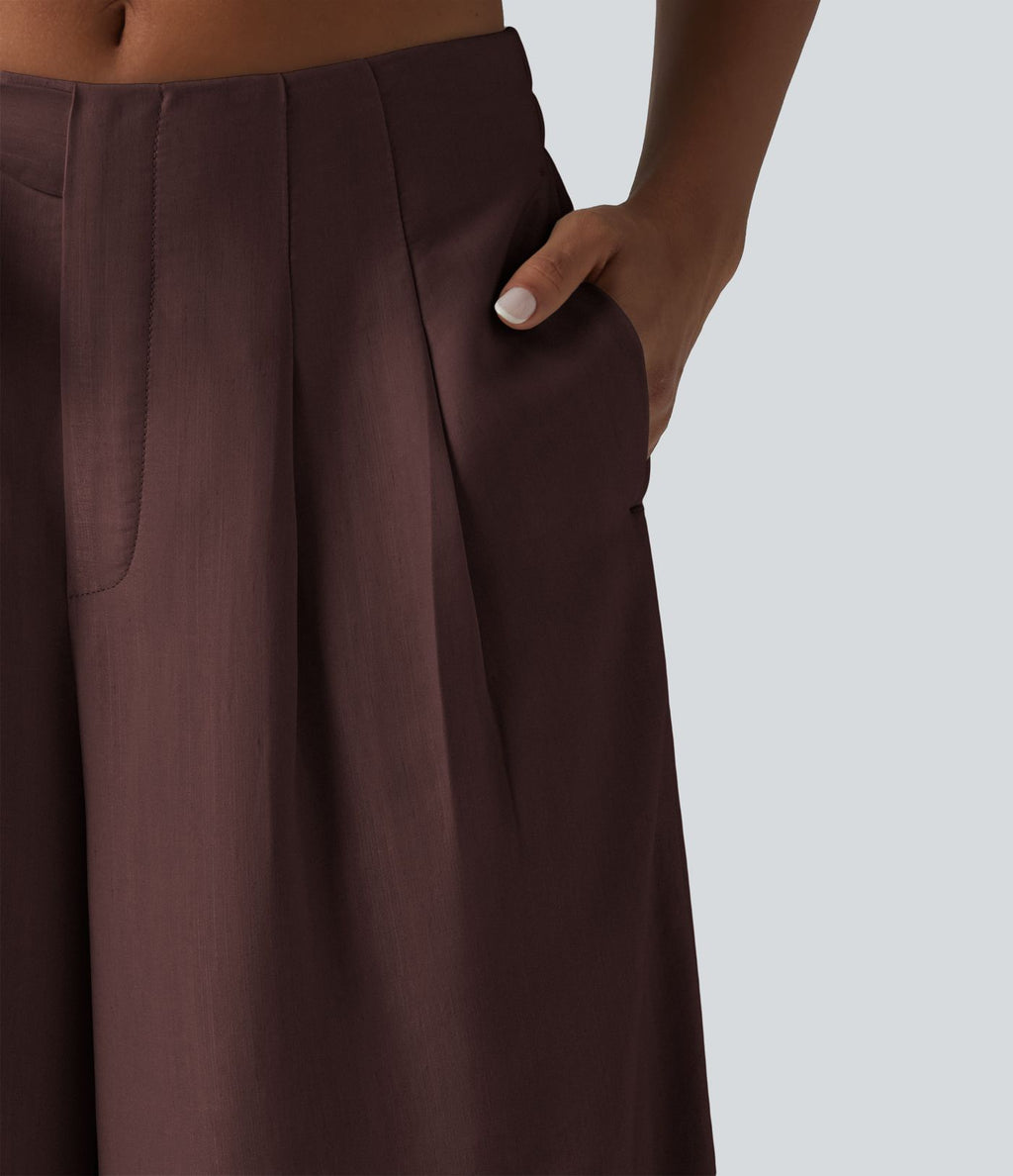 Pantalon large fluide taille haute en lin mélangé avec poches et liens latéraux