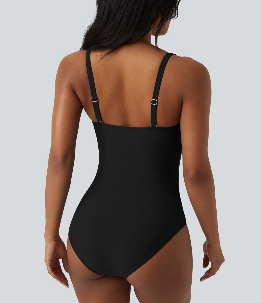 Maillot de bain une pièce gainant push-up col Queen Anne bretelles ajustables torsadé froncé
