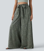 Pantalon casual large imprimé léopard taille haute avec nœud devant et poches