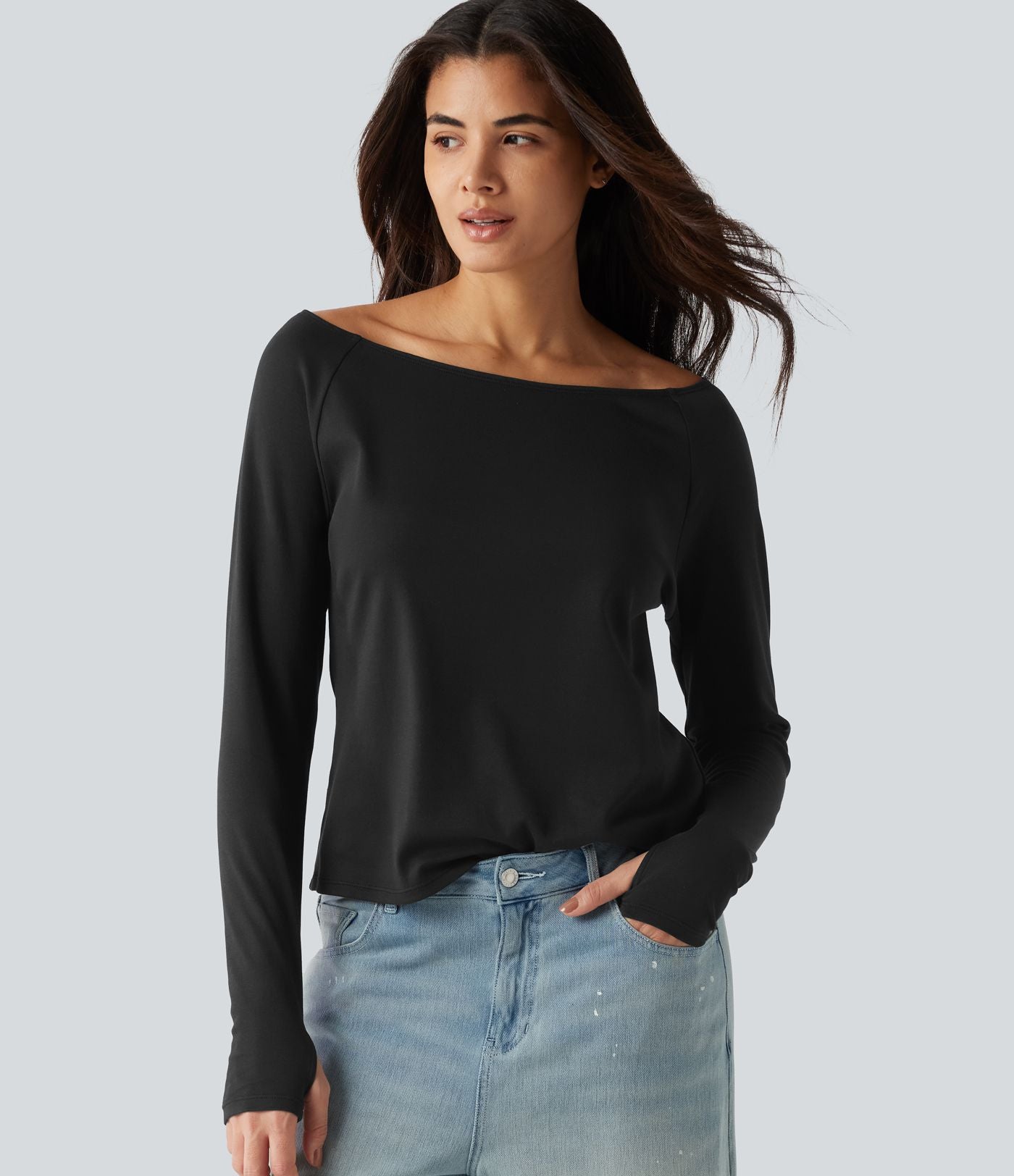 T-shirt en coton Pima à encolure bateau, manches longues et passe-pouces