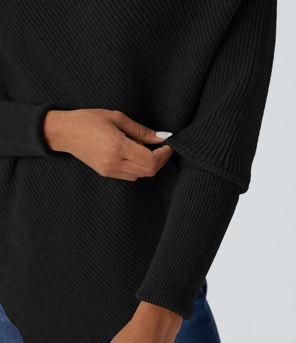 Pull cape décontracté col roulé manches chauve-souris ourlet asymétrique