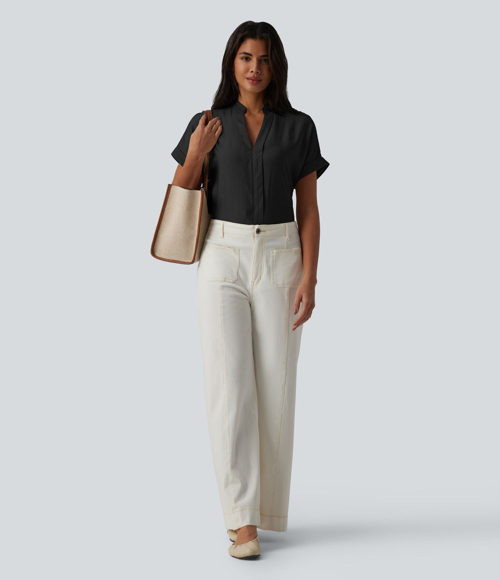 Chemise col V manches courtes aspect lin pour le bureau