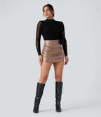 Jupe courte moulante 2-en-1 SoCinched gainante taille haute similicuir polaire froncée ourlet arrondi
