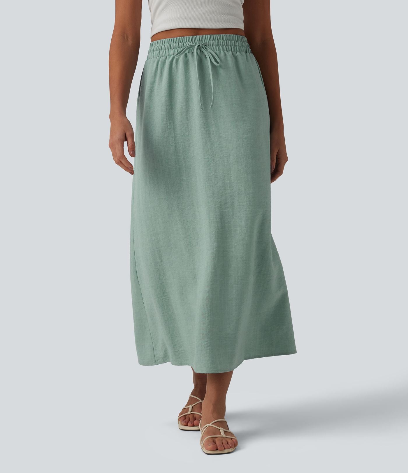 Jupe longue casual aspect lin taille haute avec cordon de serrage