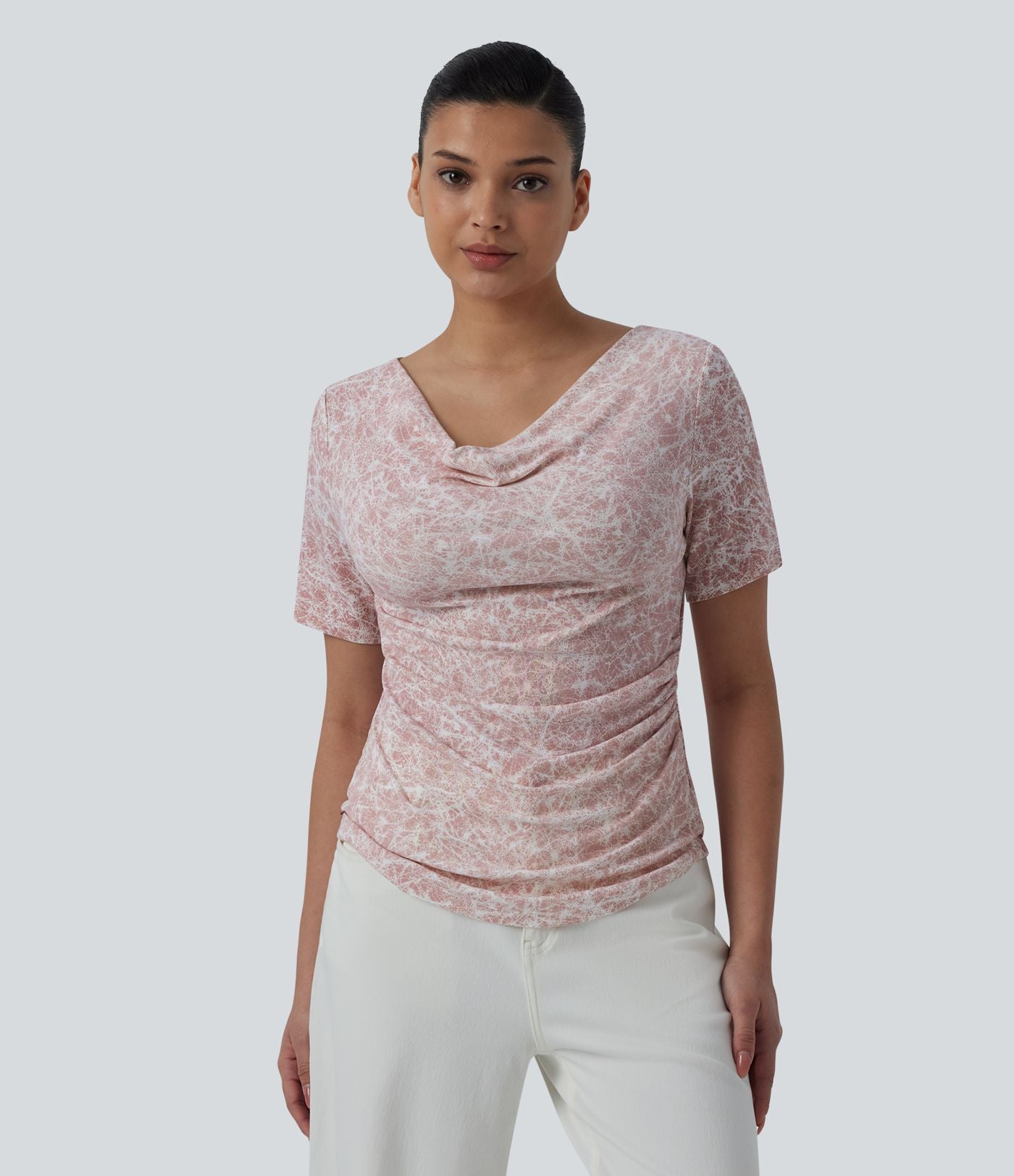 T-shirt col bénitier manches courtes avec fronces effet tie-dye