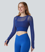 Haut de sport yoga cropped 2-en-1 manches longues mesh contrastant à trous pouces