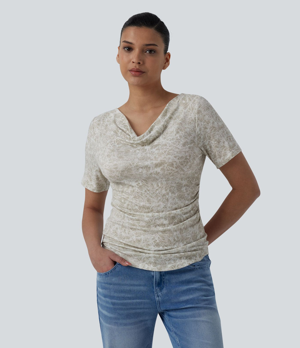 T-shirt col bénitier manches courtes avec fronces effet tie-dye