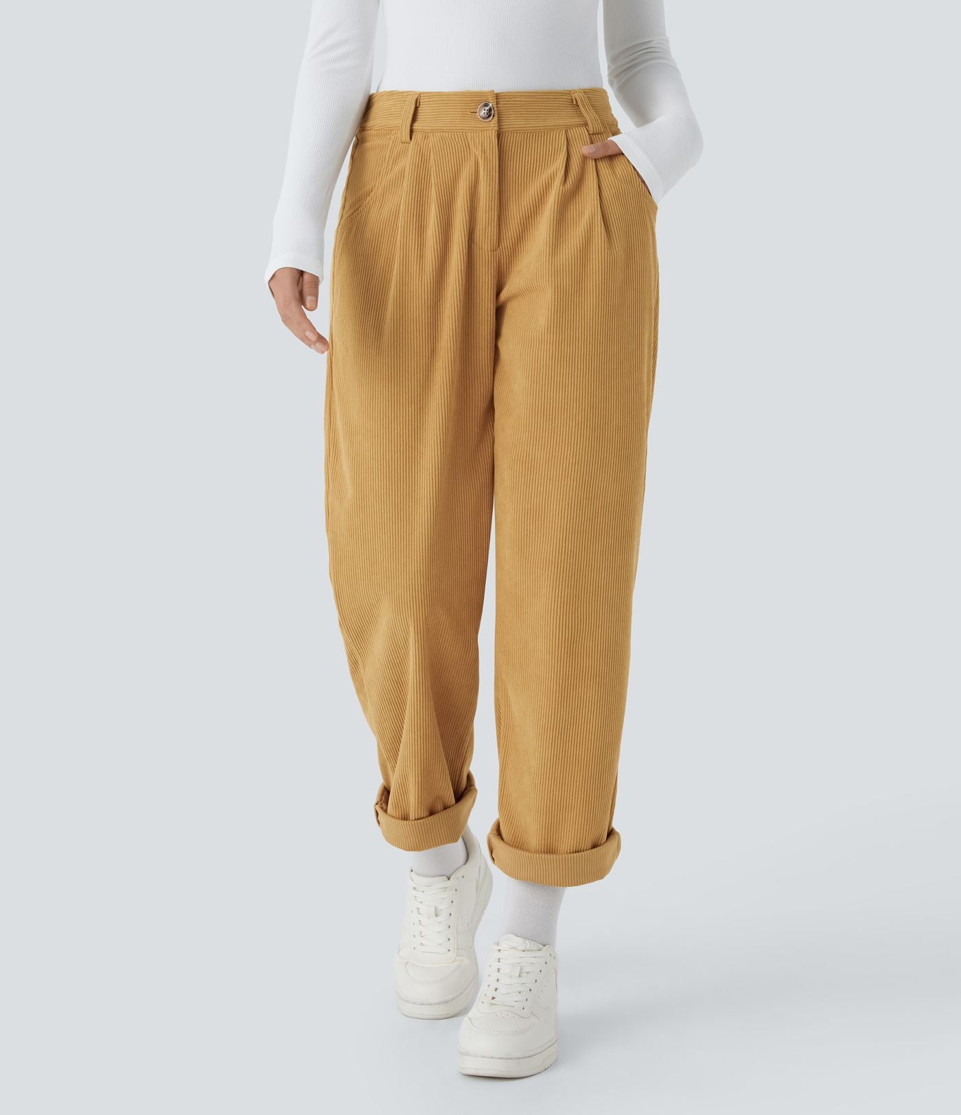 Pantalon en velours côtelé décontracté taille moyenne avec poches latérales