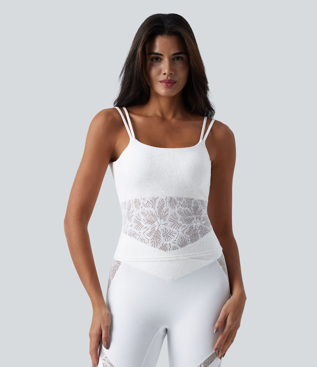 Débardeur yoga SoftlyZero™ col U dos nu torsadé dentelle avec brassière intégrée - longueur extended