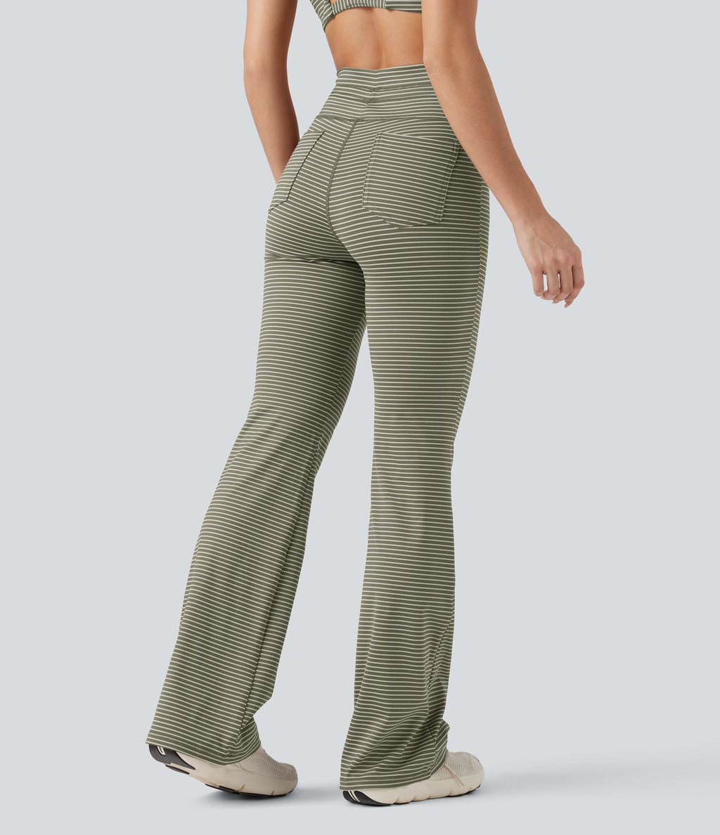 Pantalon de yoga évasé à rayures, taille haute, cordon et poches