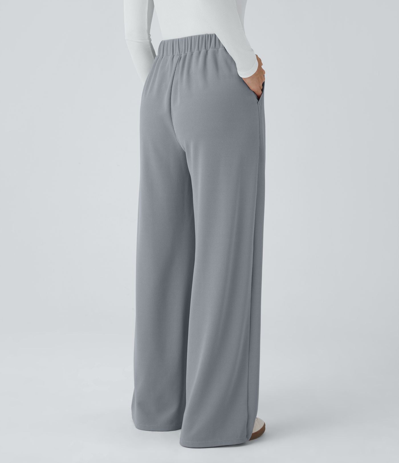 Pantalon taille haute décontracté large en maille gaufrée, avec poches