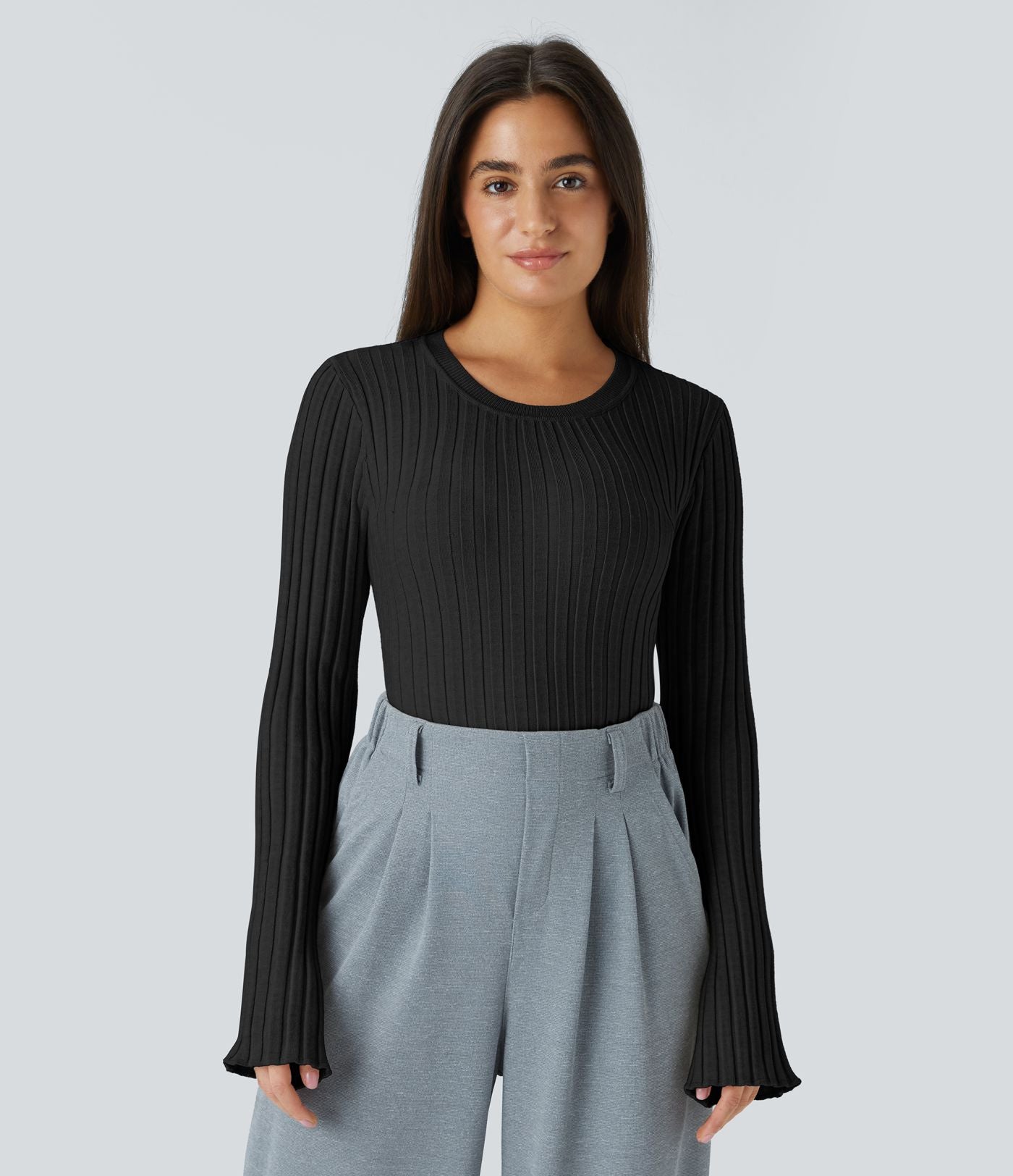 Pull Décontracté à Col Rond, Manches Longues et Volants