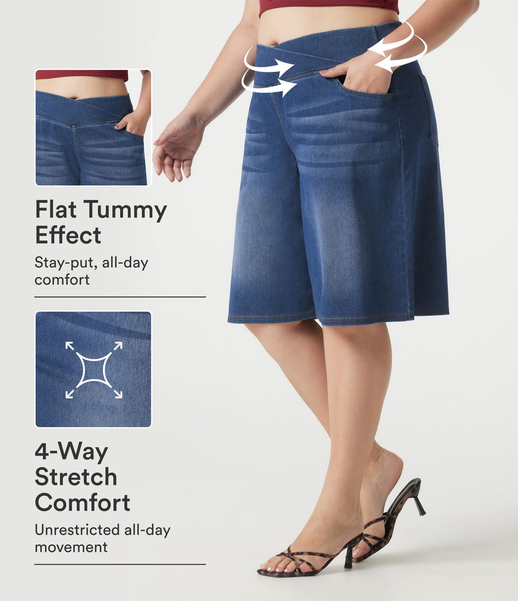 Short en jean Halara Flex™ ample décontracté grande taille ventre plat, taille haute, croisé, à poches