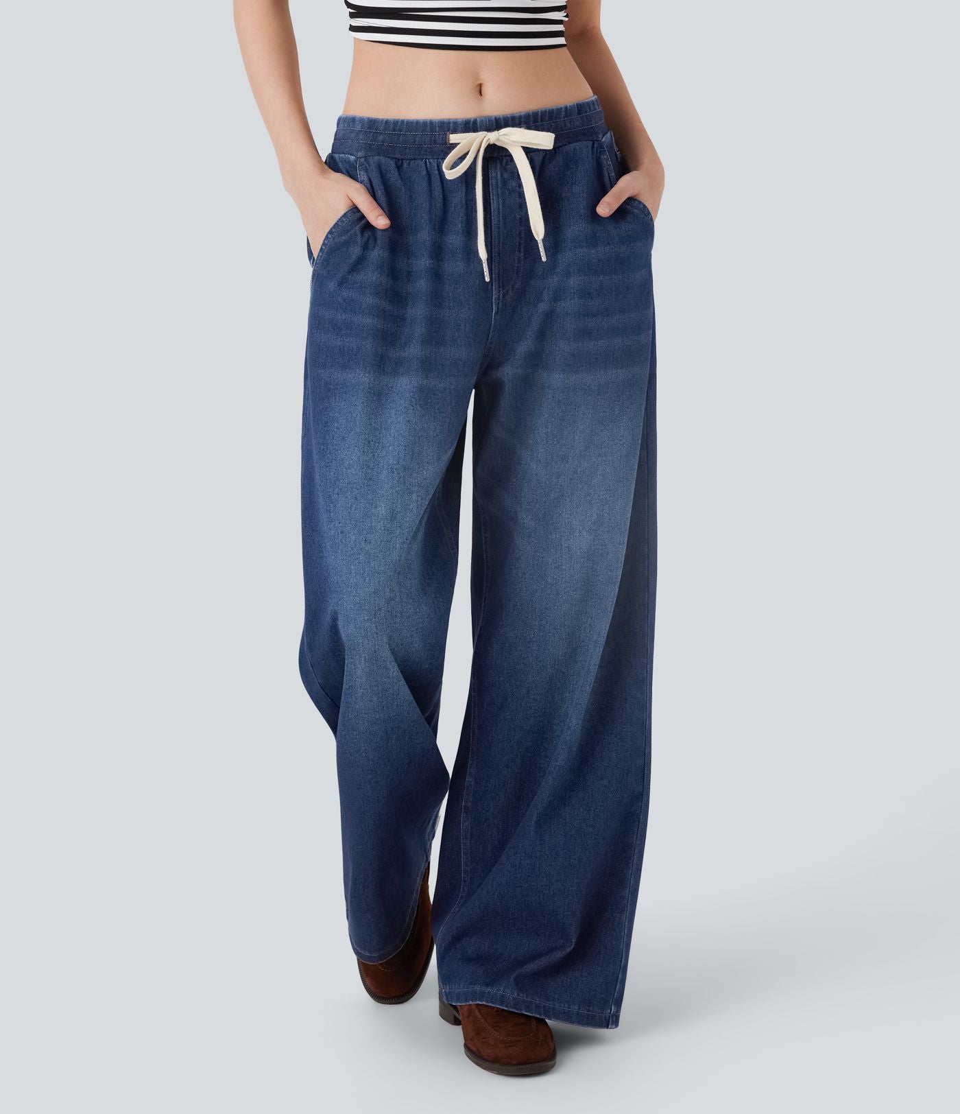Jean ample en denim extensible à taille basse avec cordon Halara Flex™ avec multiples poches