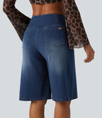Short en jean ample Halara Flex™ taille haute croisé gainant décontracté avec poches