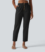 Pantalon casual en coton et lin coupe fuselée taille haute avec poches