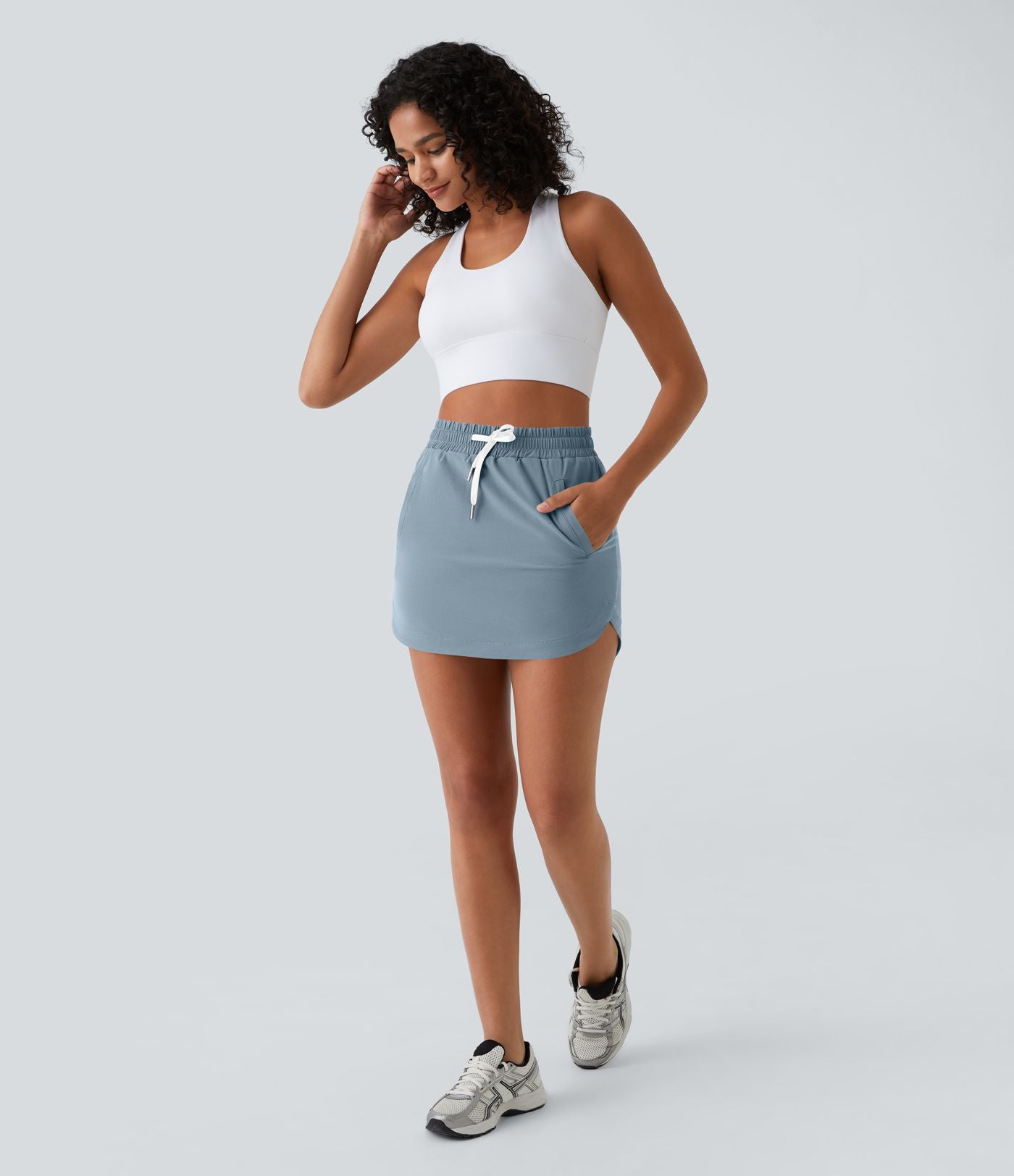 Mini-Jupe Golf Taille Haute Cordon de Serrage Poches Latérales Ourlet Courbé 2 en 1