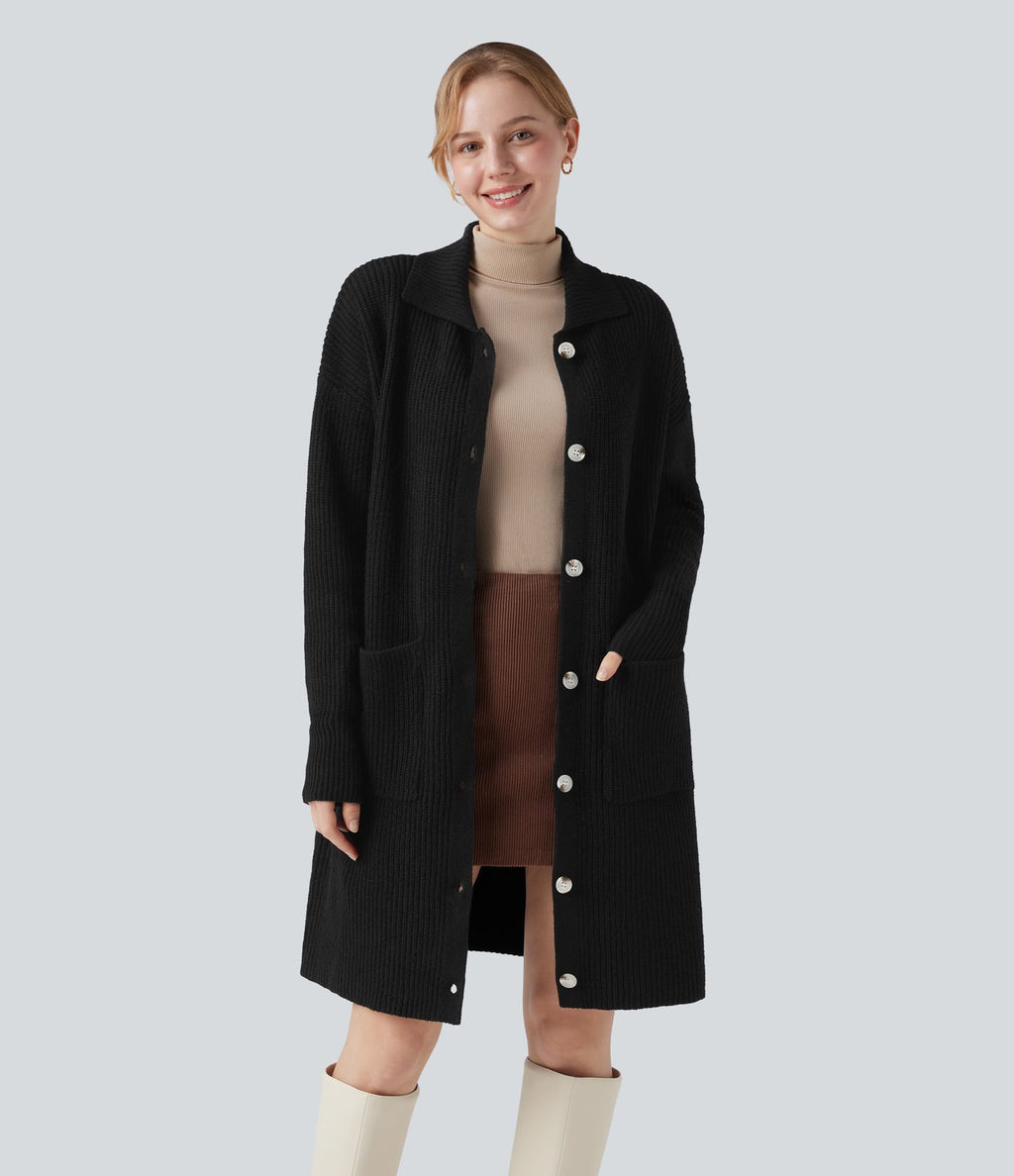 Gilet long casual col manches longues boutonné avec poches