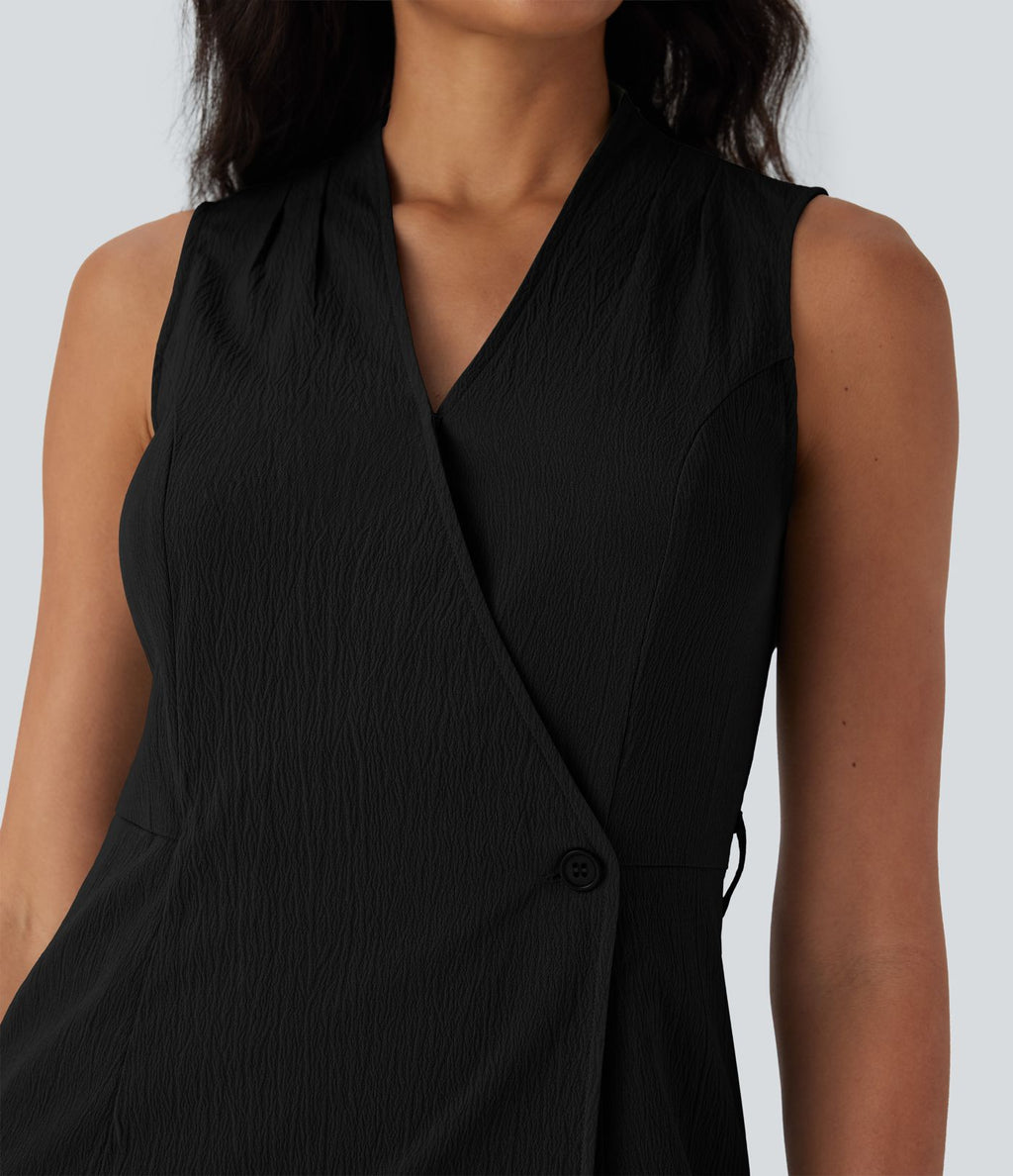 Robe de voyage mi-longue à col V, sans manches, portefeuille, ceinture et poches latérales