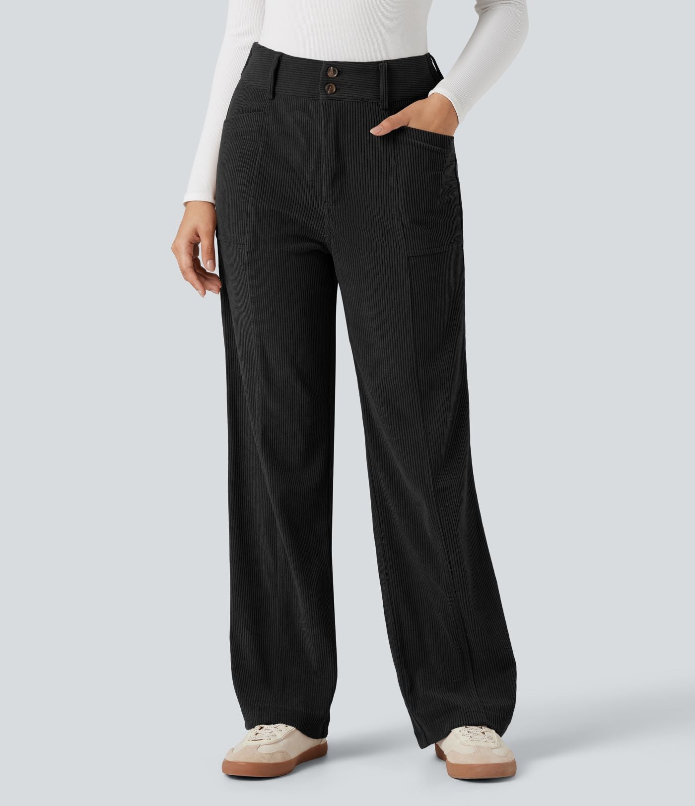 Pantalon décontracté droit taille haute en velours côtelé avec poches