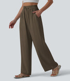 Pantalon casual large fluide mélange lin taille haute avec cordon de serrage et poches