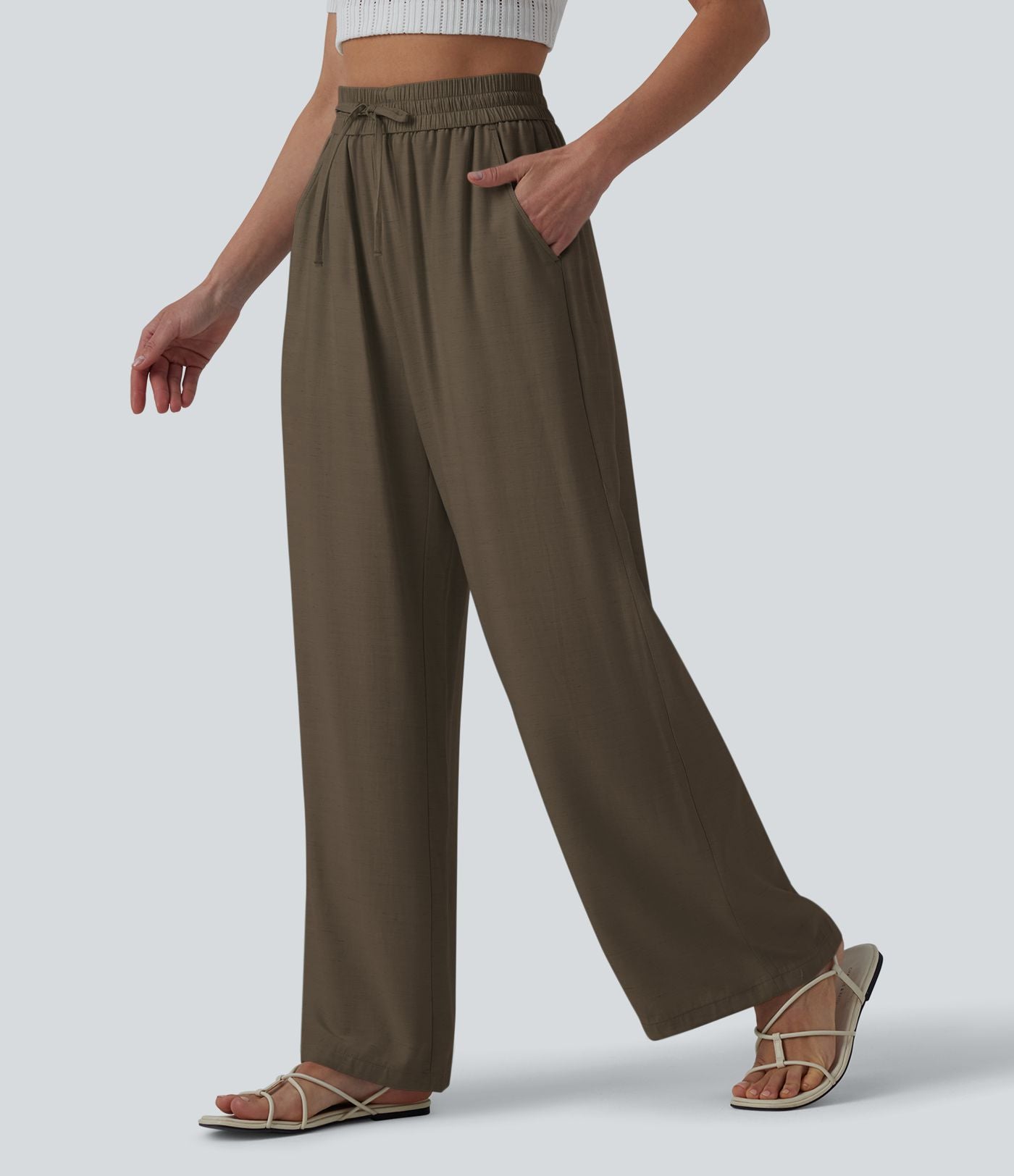 Pantalon casual large mélange lin taille haute avec cordon de serrage et poches